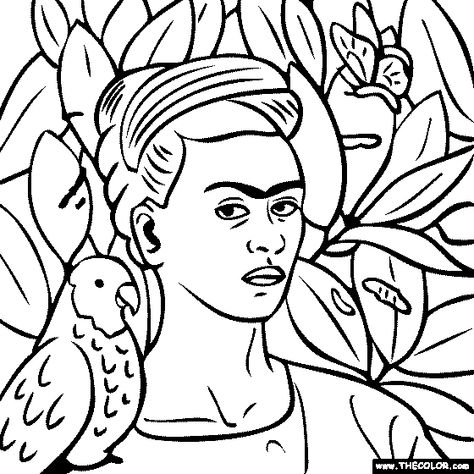 100% free coloring page of Frida Kahlo painting - Self Portrait with Bonito. You be the master painter! Color this famous painting and many more! You can save your colored pictures, print them and send them to family and friends! Famous Art Coloring, Frida Kahlo Painting, Frida Kahlo Paintings, Kahlo Paintings, Frida Art, Frida Kahlo Art, Paintings Famous, Grey Painting, Diego Rivera