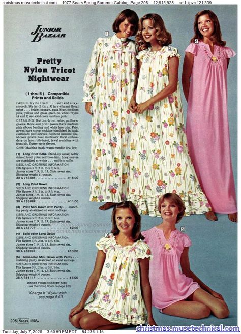 1977 Sears Spring Summer Catalog, Page 206 - Christmas Catalogs & Holiday Wishbooks 70s Catalog, Catalog Fashion, Vintage Catalog, Pajama Style, Vintage Pajamas, Seventies Fashion, Vintage Nightgown, Printed Gowns, Christmas Catalogs