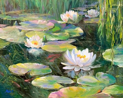 Lotus Wall Art, Koi Fish Painting, Water Lilies Art, Painting Lotus, Water Lilies Painting, Pond Painting, Cover Pic, Lily Painting, Seni Cat Air