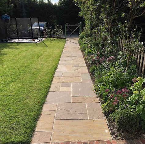 Patio And Path Ideas, Indian Sandstone Patio Ideas, Sandstone Walkway, Sandstone Pathway, Sandstone Path, Entrance Pathway, Front Garden Path, Brick Paths, Sandstone House