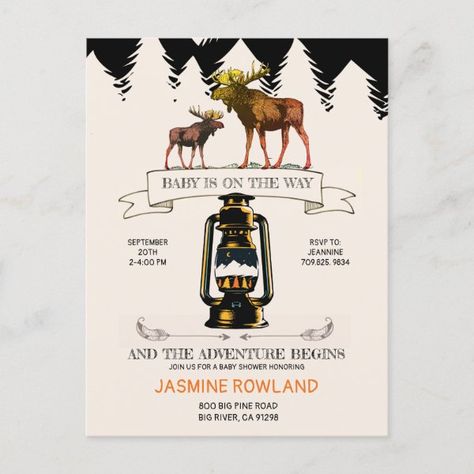 Rustic Woodland Moose Baby Shower Invitation Postcard Moose Baby Shower Ideas, Moose Baby Shower, Baby Shower Camo, Baby Boy Shower Invitations, Classy Baby Shower, Baby Shower Invitation Ideas, Rustic Baby Shower Invitations, Boy Shower Invitations, Woodland Baby Shower Invitations