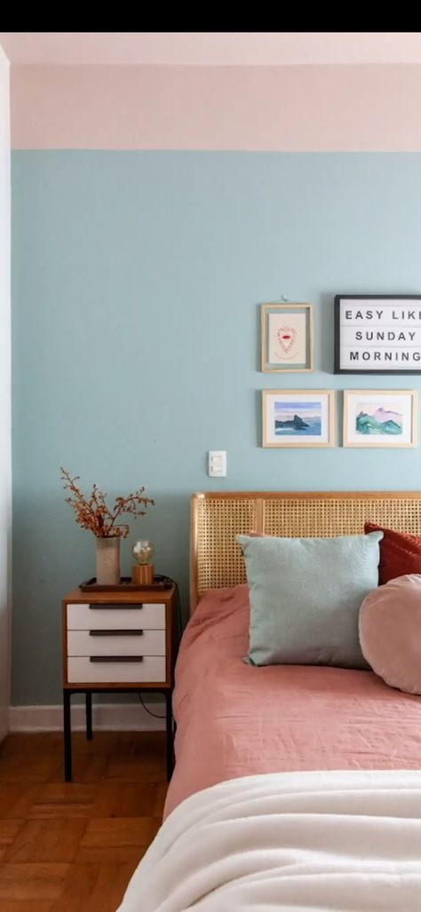 Pastel Guest Room, Blue Peach Bedroom, Peach And Blue Bedroom, Pastel Blue Bedroom Ideas, Blue And Pink Bedroom For Adults, Pastel Bedroom Ideas Adult, Salmon Bedroom, Cherry Wood Bedroom, Terrace Bedroom