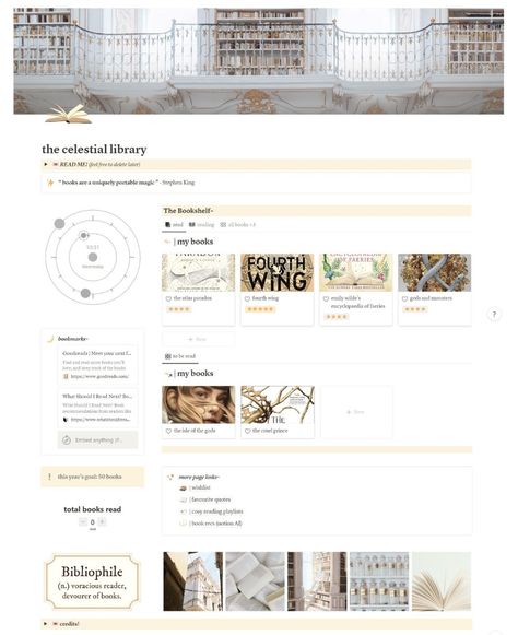 [free notion template] the celestial library ~ Notion Book Journal, Notion Database Ideas, Notion Book List, Notion Book Template, Notion Library Template, Notion Reading Template, Notion Wishlist, Notion Reading List, Celestial Library