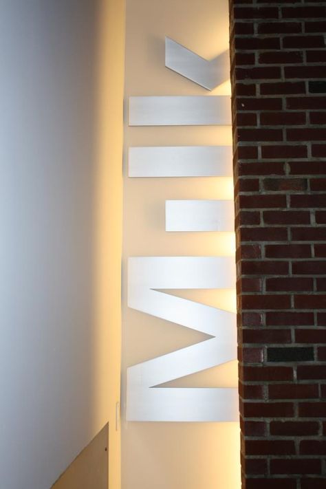 Axiom / NY example of vertical signage Vertical Signage, Restaurant Signage, Company Signage, Hallway, Stairs, Wall Lights, Restaurant, Lighting, Wall