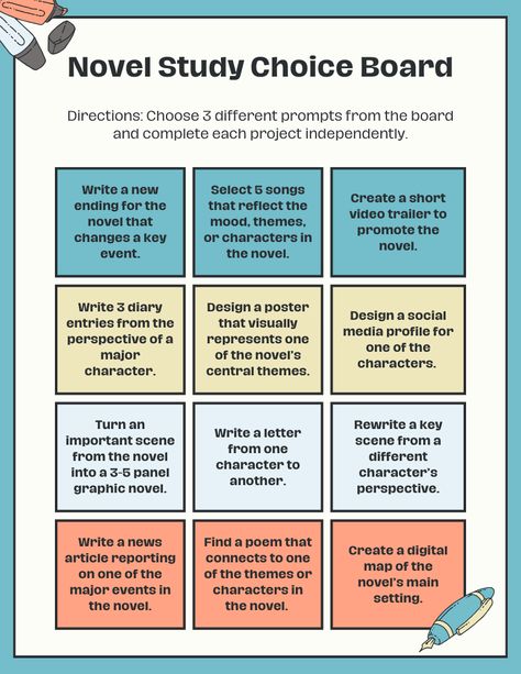 📚✨ Make novel studies engaging with this Choice Board Worksheet! Perfect for grades 6-12, this Canva template lets students choose activities that deepen their understanding while adding a creative twist to reading assignments. Boost engagement and let students take charge of their learning! 📝📖 #NovelStudy #ChoiceBoards #EnglishTeachers #CanvaTemplates #MiddleSchoolELA #HighSchoolELA Teachers Toolbox, Choice Board, Choice Boards, High School Ela, Novel Characters, Novel Study, Review Activities, Student Project, Book Study