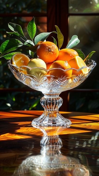 A crystal fruit bowl filled with fresh oranges and lemons, bathed in sunlight on a wooden table. Fruit Bowl Photography, Curated Loft, Fruit Bowl Still Life, Fruit On Table, Fruit Bowl Decor, Fruit Bowl Display, Crystal Fruit, Life Reference, Bowl Of Fruit