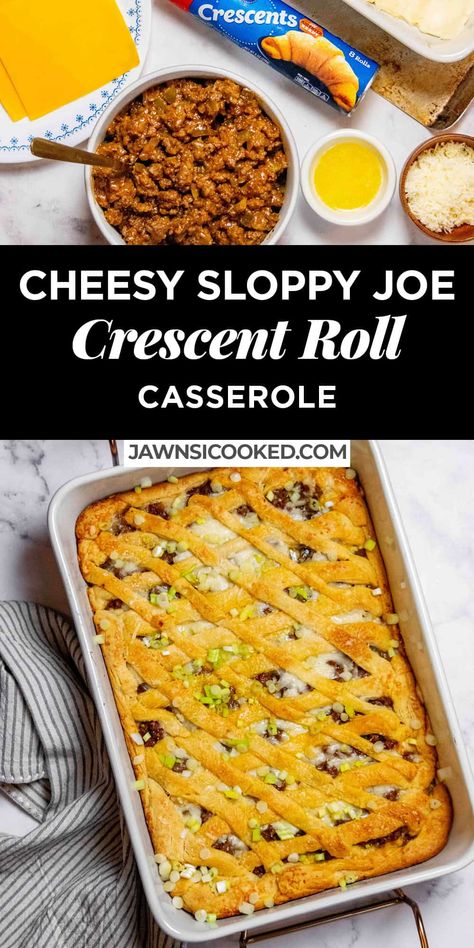 This easy and cheesy Sloppy Joe Casserole Recipe is made with crescent rolls, plenty of cheddar, and a delicious homemade Sloppy Joe mixture, for the ultimate comfort food meal, ready in under an hour! Sloppy Joe Bake Crescent Rolls, Ground Beef Recipes With Croissants, Ground Meat And Crescent Rolls, Easy Dinner Recipes Crescent Rolls, Recipes Made With Crescent Rolls, Sloppy Joe Casserole With Crescent Rolls, Sloppy Joe Bake, Sloopy Joes, Casserole With Crescent Rolls