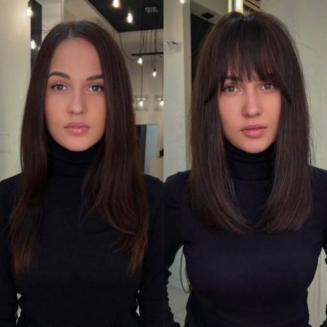 Barbarian Style on Instagram: "Left or Right? 🤗 Credit: for credit please DM 💕💕 #hairinspiration #hairideas #longhair #hairstyled #haircutsforwomen #haircutting" Sholderlenghth Haircuts Brown Hair With Bangs, One Length Haircuts With Bangs, Shoulder Length Brown Hair With Fringe, Black Hair Long Bob, Brown Bob With Fringe, Brown Bob Fringe, Dark Brown Long Bob With Bangs, One Length Haircuts, Short Hair Fringe