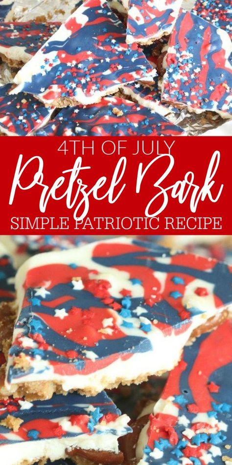 4th of July Pretzel Bark! A super easy candy recipe for summertime! Make this for Memorial Day or 4th of July! This is one of our favorite dessert recipes to make for family and friends! #passion4savings #4th #july #patriotic #holiday Pretzel Bark Recipes, Bark Recipes Easy, Patriotic Snacks, Chocolate Lasagna Recipe, 4th July Food, Pretzel Bark, Easy Candy Recipes, July Desserts, Chocolate Lasagna