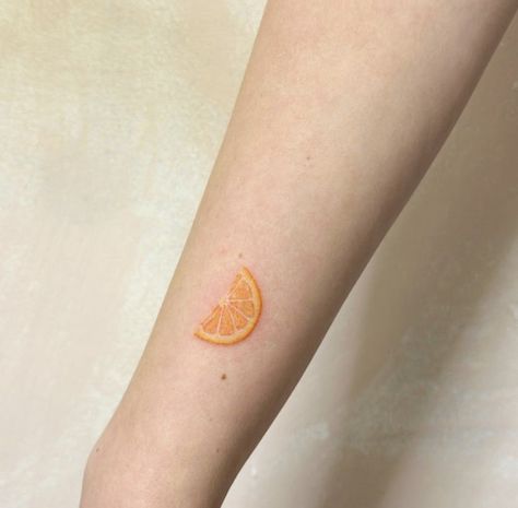 Orange Halves Tattoo, Sliced Orange Tattoo, Orange Slice Tattoo Color, Orange Tattoo Color, Fine Line Orange Blossom Tattoo, Orange Half Tattoo, Orange Colored Tattoo, Minimalist Orange Tattoo, Orange Segment Tattoo