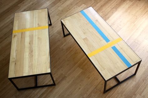 Reclaimed Gym Floor Coffee Tables | Fermata Woodworks Recycle Table, Gym Items, Basement Decoration, Showroom Ideas, Basketball Floor, Basketball Room, Floor Furniture, Dresser Redo, Super Hero Shirts