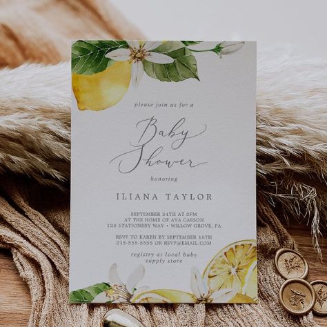 Modern Lemon Garden Baby Shower Invitation Sage Green Nature, Lemon Garden, Gender Neutral Invitations, Pink Gold Baby Shower, Couples Baby Shower Invitations, Modern Baby Shower Invitations, Garden Baby Showers, Couples Baby Showers, Gender Neutral Baby Shower Invitations