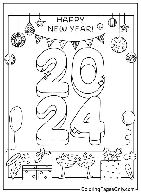 Free Printable Happy New Year 2024 Coloring Page - Free Printable Coloring Pages 2024 Colouring Pages, New Year Sketch 2024, New Year Doodle 2024, Happy New Year 2024 Free Printable, Happy New Year Sketch, 2024 Drawing Ideas, 2024 Coloring Page, Happy New Year Drawing Ideas 2024, New Year Drawing 2024