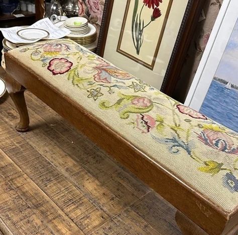 Needlepoint Antique Footstool in excellent condition 34” x 10” x 13” $550 Antique Footstool, Tapestry Fabric, Needlepoint, Boston, Conditioner, Tapestry, Floral, 10 Things, Fabric