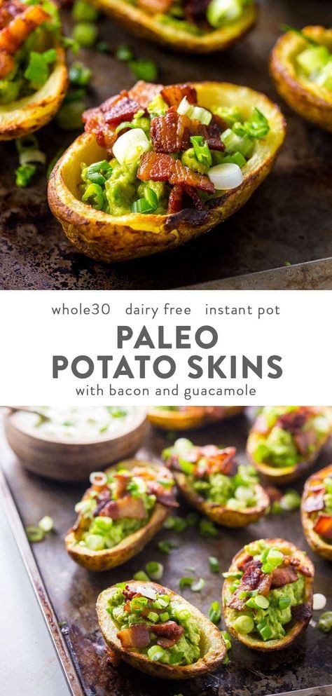 These paleo potato skins are seriously perfect paleo tailgate food. These paleo potato skins are super crispy and easy to make, loaded with a quick guacamole, crispy bacon, green onions, and ranch dressing. Yep, these Whole30 potato skins are perfect alongside buffalo wings and beer, and they'll quickly become your favorite paleo tailgate food. #paleo #appetizer #whole30 #glutenfree Paleo Camping Food, Paleo Appetizer, Quick Guacamole, Potato Appetizers, Paleo Appetizers, Paleo Crockpot, Tailgating Recipes, Ranch Dip, Paleo Lunch