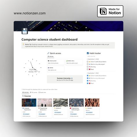 This template is designed for computer science students who want to organize their coursework, projects, internships, and resources. Notion Coding, Computer Science Student, Coding Jobs, Student Dashboard, Kanban Board, Coding Languages, Time Tracker, Notion Templates, Project Board