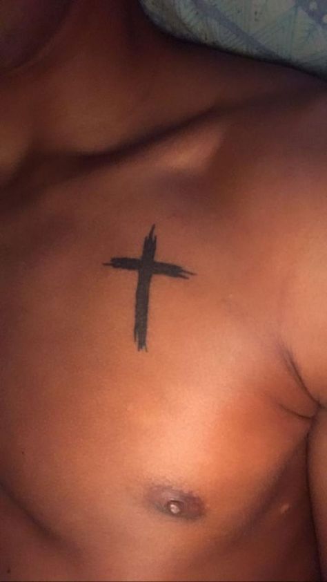 Small Cross On Neck Tattoo, Collar Bone Tattoo For Men Ideas, Cross Tattoos For Men On Chest, Chest Cross Tattoo, Cross Chest Tattoo Men, Pec Tattoo Men, Chest Tattoo Male, Star Shoulder Tattoo, Chest Tattoo Simple