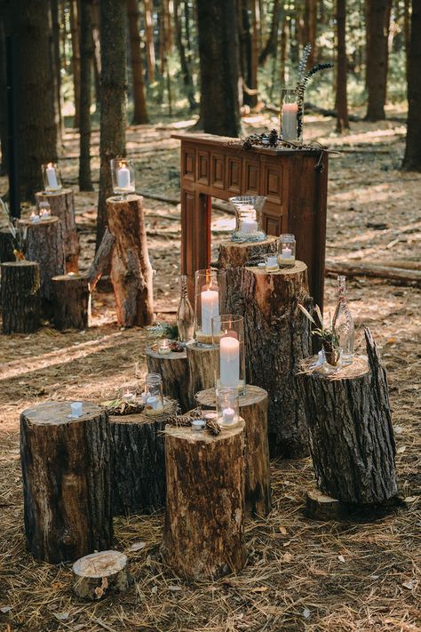 beautiful candle and wood stump wedding ceremony decor Wedding Ceremony Candles, Medieval Wedding Theme, Enchanted Forest Wedding Theme, Nordic Wedding, Campground Wedding, Ceremony Candles, Wedding Alters, Forest Theme Wedding, Wedding Ceremony Decor