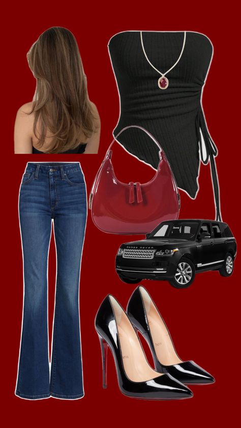 outfit inspo , outfit ideas , rich , expensive, luxury, red , black Outfits Expensive, Flare Jeans Aesthetic, Outfit With Flare Jeans, Outfits With Flares, Gossip Girl Vibes, Flare Jeans Black, It Girl Outfit, Expensive Outfits, Jeans Heels Outfit