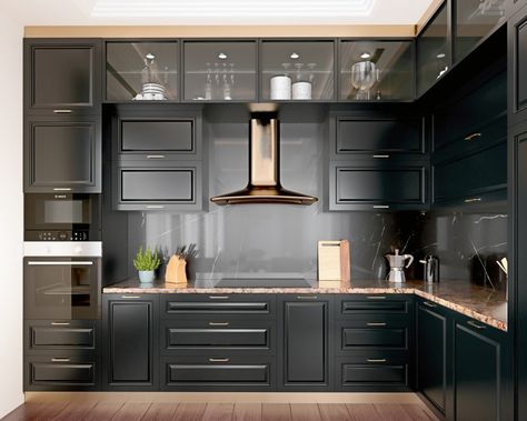 Can you put dark cabinets in a small kitchen? | Kitchen Blog | Kitchen Design, Style Tips & Ideas | Kitchen Warehouse UK Kitchen Black Granite, Small Kitchen Cabinet Design, Kitchen Unit Designs, Black Kitchen Design, Top Kitchen Cabinets, Modern Black Kitchen, Small Kitchen Cabinets, Kabinet Dapur, Kitchen Black