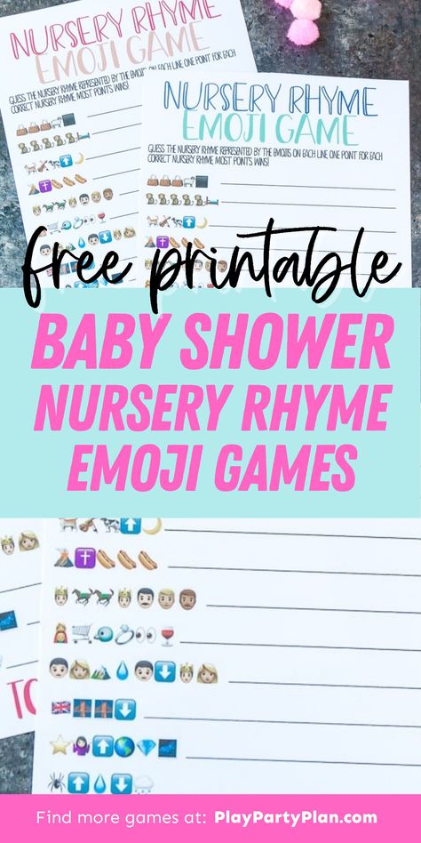 Need a new baby shower game idea? This fun nursery rhyme emoji game is a great printable baby shower game for all ages! See if you can guess which nursery rhyme is represented by the emojis on each line! | baby shower emoji game free printable | baby shower emoji game nursery rhymes | emoji pictionary baby shower game nursery rhymes | baby shower games emoji nursery rhymes | nursery rhymes emoji game | best baby shower games Guess The Nursery Rhyme Game, Emoji Pictionary Baby Shower Game, Pictionary Baby Shower Game, Baby Shower Emoji Game, Nursery Rhyme Baby Shower Game, Guess The Emoji, Nursery Rhyme Theme, Emoji Game, Nursery Rhymes Games