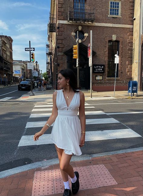 Summer trends 2022 | White dress | Black Loafers | Fashion | Summer Aesthetic Dress And Loafers Outfit, In The City Outfit, Dress With Loafers, White Dress Outfit, Loafers Fashion, City Outfit, Loafers Outfit, Summer In The City, White Sundress