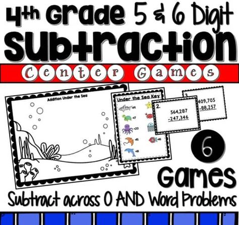 5 & 6 Digit Subtraction Math Games Subtract Across Zero Story Word Problems Subtraction Math Games, Subtraction Across Zeros, Math Center Games, Subtraction Games, Equivalent Fractions, Teaching Teachers, 4th Grade Math, Math Center, Word Problems