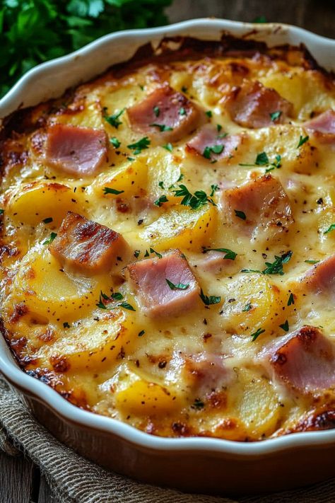 Ham and Potato Au Gratin - An Organized Chaos Ham And Vegetable Casserole, Ham And Mushrooms Recipes, Au Gratin Potato And Ham Recipes, Crockpot Ham Dinner Recipes, Ham Steak Meals, Ham And Potato Au Gratin, Side For Ham Dinner, Ham And Au Gratin Potatoes Casserole, Ham Potato Cheese Casserole