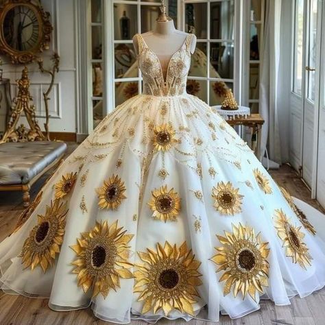 Sunflower Wedding Dress, Sunflower Dresses, Quince Stuff, Mexican Quinceanera Dresses, Quinceanera Themes Dresses, Charro Quinceanera Dresses, Sunflower Themed Wedding, 15 Dresses Quinceanera, Ballerina Art