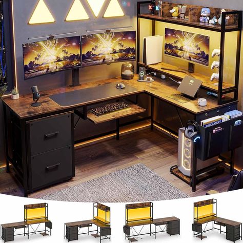 L Shaped Gaming Desk, Reversible Corner Computer Desk with Power Outlet & Led Strip Home Office Desks Drawer File Cabinet Keyboard Tray (Brown, 67in) Boyfriend Bedroom, Types Of Bedroom, Corner Gaming Desk, Gaming Desk With Storage, L Shaped Gaming Desk, Cpu Stand, Small Basement Remodel, Desk With Keyboard Tray, House Room Ideas