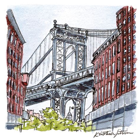 New York Perspective Drawing, Brooklyn Bridge Watercolor, Manhattan Bridge Drawing, Brooklyn Bridge Illustration, Brooklyn Illustration, Brooklyn Drawing, Building Artists, Brooklyn Bridge Drawing, Ny Drawing