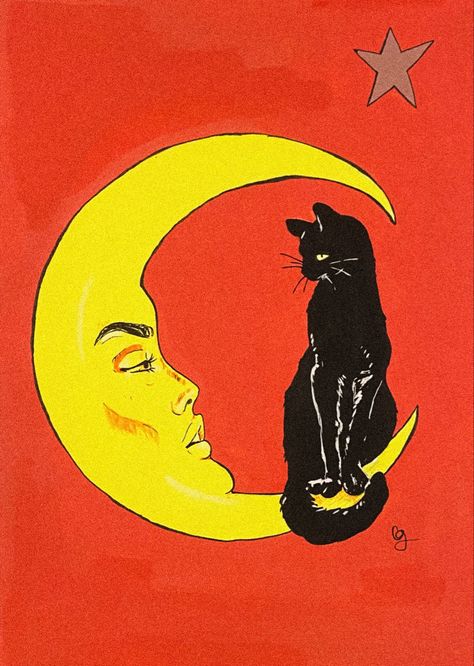 black cat sitting on moon with a face. Yellow Moon Painting, Cat Painting Ideas, Cat Sitting On Moon, Moon With A Face, Siamese Cat Art, Embroidery Trousers, Sitting On Moon, Cat Pop Art, Black Cat Sitting