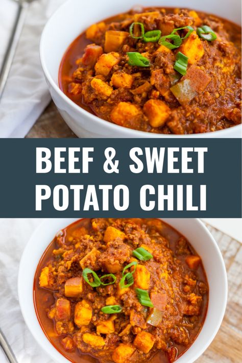 Beanless Chili Recipe Instant Pot, Chili With Sweet Potato And Beef, Ground Beef Instapot Meals, Sweet Potato Chili Instant Pot, Instant Pot Ground Beef Recipes, Beanless Chili Recipe, Beef And Sweet Potato, Beanless Chili, Whole30 Instant Pot