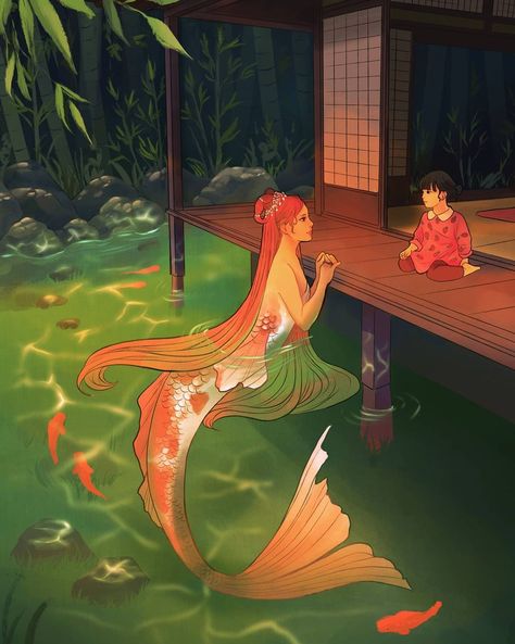 Hannah Alexander Artwork on Instagram: “Child speaking to her friend, a koi fish deity. Except nobody believes she's real 😔 #Mermay #mermay2021 #mermaid #mermaids…” Hannah Alexander Artwork, Hannah Alexander, Mermaid Artwork, Bd Art, Mermaid Drawings, Mermaid Pictures, Mermaids And Mermen, Mermaid Life, Costume Designer