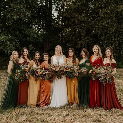 Red Burnt Orange Wedding, Mustard Maroon Color Palette, Burgundy And Mustard Wedding, Moody Fall Bridesmaid Dresses, Burnt Orange Burgundy Wedding Fall, Burnt Orange Color Palette Wedding, Rusty Orange Wedding Theme, Maroon And Burnt Orange Wedding, Orange And Green Bridesmaid Dresses