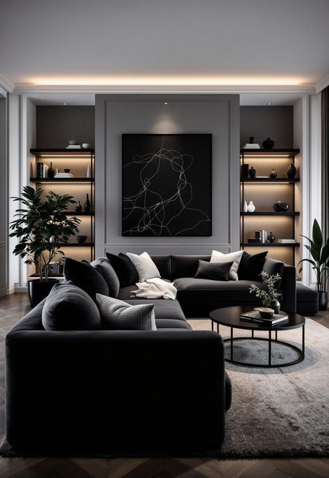 Dark Grey Couch Living Room Ideas Charcoal Interior Design, Dark Modern House Interiors, All Black Living Room, Black Leather Couch Living Room, Dark Grey Sofa Living Room, Dark Grey Couch Living Room, Dark Grey Couches, Grey Walls Living Room, Grey Sofa Living Room