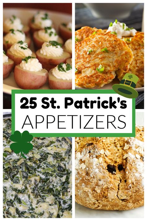 Mini potatoes, potato cakes, spinach dip, and bread. Irish Appetizers, Irish Recipes Appetizers, St Patrick's Day Appetizers, Irish Desserts Traditional, St Patricks Day Drinks, Irish Desserts, St Patricks Day Food, Corn Beef And Cabbage, Saint Patties