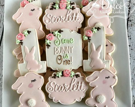 Dolce Custom Decorated Cookies by DolceCustomCookies on Etsy Some Bunny Is Turning One, Bunny Birthday Theme, Birthday Bunny, Easter Birthday Party, Some Bunny Is One, First Birthday Cookies, Bunny Birthday Party, 1st Birthday Party For Girls, Bunny Party