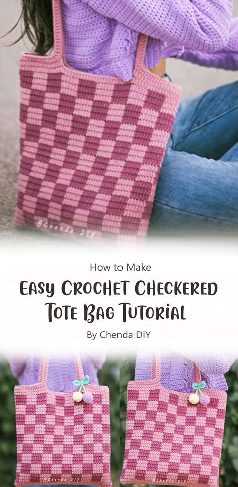 Boho Bag Pattern Free, Crochet Checkered Bag, Chenda Diy, Gingham Bag, Checkered Tote Bag, Crochet Checkered, Bag Free Crochet Pattern, Bucket Bag Pattern, Crochet Pattern Tutorial