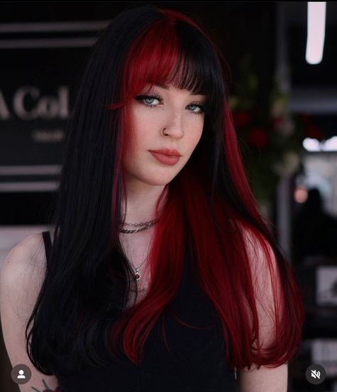 Red And Black Half And Half Hair, Red And Black Halo Hair, Red Streak In Hair, Alternative Red Hair, Red Streaks In Black Hair, Red Halo Hair, Halo Hair Color, Halo Hair Colors, Red Hair Streaks