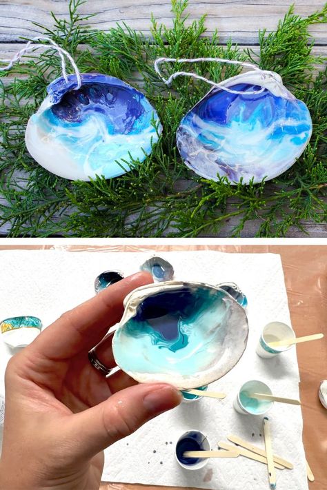 turn your summer shells into gorgoeous beach scene Christmas ornaments. How to make a resin ocean ornament. Diy Christmas Crafts To Sell, Beach Christmas Decorations, Beach Christmas Ornaments, Using Resin, Coastal Ornament, Resin Beach, Florida Christmas, Diy Christmas Presents, Christmas Crafts To Sell