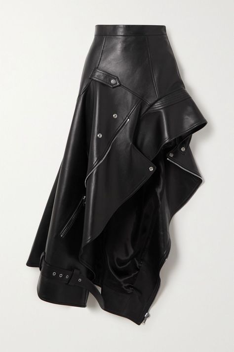 Unique Skirts Design, Leather Jacket Design, Skirt Runway, Alexander Mcqueen Skirt, Asymmetrical Fashion, Deconstructed Jacket, Leather Couture, Designer Skirt, Unique Skirts