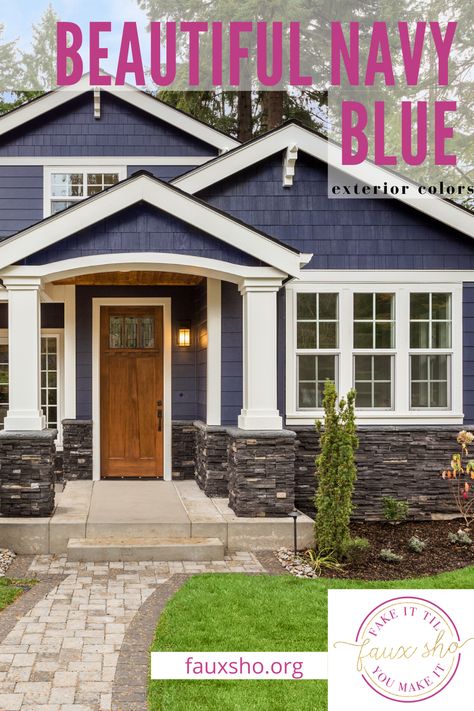 Nothing gives you as much impact as paint on the exterior of your home. Find the latest exterior colors that will totally update your home! #exteriorcolors #navybluepaint #fauxshoblog Navy Blue House Exterior, Navy House Exterior, Navy Blue House, Blue Exterior House Colors, Navy Blue Houses, Navy Blue Exterior, Dark Blue Houses, Blue Siding, Blue Paint Color