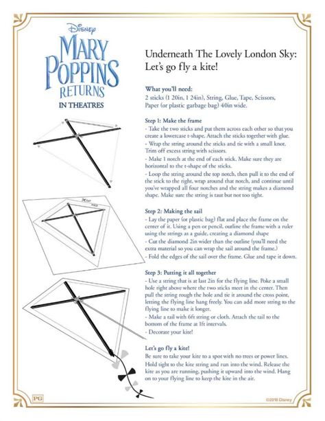 Mary Poppins Kite Craft DIY Instructions - Free Disney Mary Poppins Returns Printable Mary Poppins Kite Prop, Mary Poppins Props Diy, Mary Poppins Crafts, Mary Poppins Props, Mary Poppins Kite, Mary Poppins Theatre, Mary Poppins Book, Kite Craft, Mary Poppins Musical