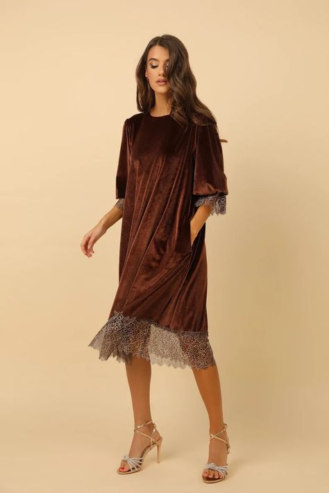 Brown Tunic Dress Velvet With Lace Oversized Dress Midi Velvet Dress, Velvet Short Dress, Couture Bridesmaid Dresses, Velvet Dress Short, Velvet Lace Dress, Brown Tunic, Velvet Tunic, Lace Cocktail Dress, Dress Velvet