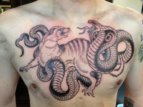 Honey Badger Tattoo, Badger Tattoo, Snake And Mongoose, Tattoo Font For Men, Cobra Tattoo, Japanese Animals, Snake Tattoo Design, Chest Tattoos, Tattoo Font