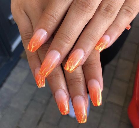 Judy Nails, Flame Nails, Flame Nail Art, Nude Nail Designs, Ombre Nail Designs, Almond Nail, Black Nail Designs, Homecoming Nails, Orange Nails