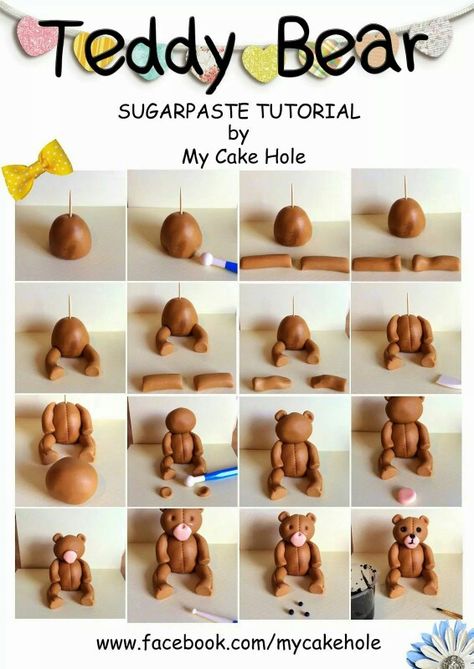 Teddy bear Clay Teddy Bear, Clay Teddy, Fondant Teddy Bear, Bear Baby Shower Cake, Clay Bear, Fondant Figures Tutorial, Fondant Cake Designs, Cake Decorating With Fondant, Fondant Cake Toppers