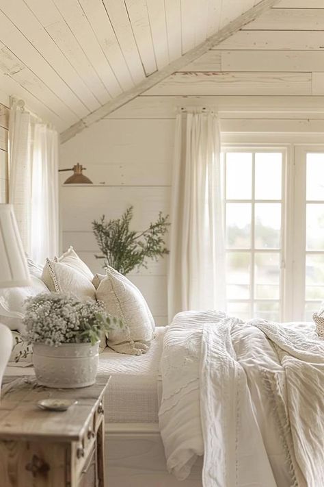 Charming Farmhouse Bedroom Decor Ideas &amp; Tips Bedroom Decor Pieces, Australian Farmhouse Bedroom, White Metal Frame Bedroom Ideas, Small Home Bedroom Ideas, Old House Bedroom Ideas, Minimalist Cottage Bedroom, Neutral Cottage Bedroom, Cottage Master Bed, Nashville Suburbs