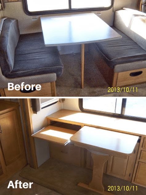 Removed dinette from motorhome and added custom built table and desks | RVs, campers, travel trailers, and motorhomes without the dining booth Popup Camper Remodel, Camper Vintage, Rv Inspiration, Dining Booth, Vintage Camper Remodel, Camper Hacks, Diy Camper Remodel, Dining Inspiration, Tent Trailer